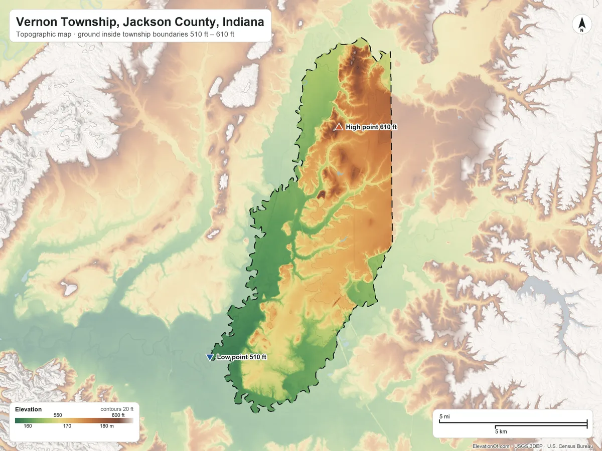 Topographic elevation map of Vernon Township, Jackson County, Indiana, shaded from 510 ft on the southwest side to 610 ft on the north side