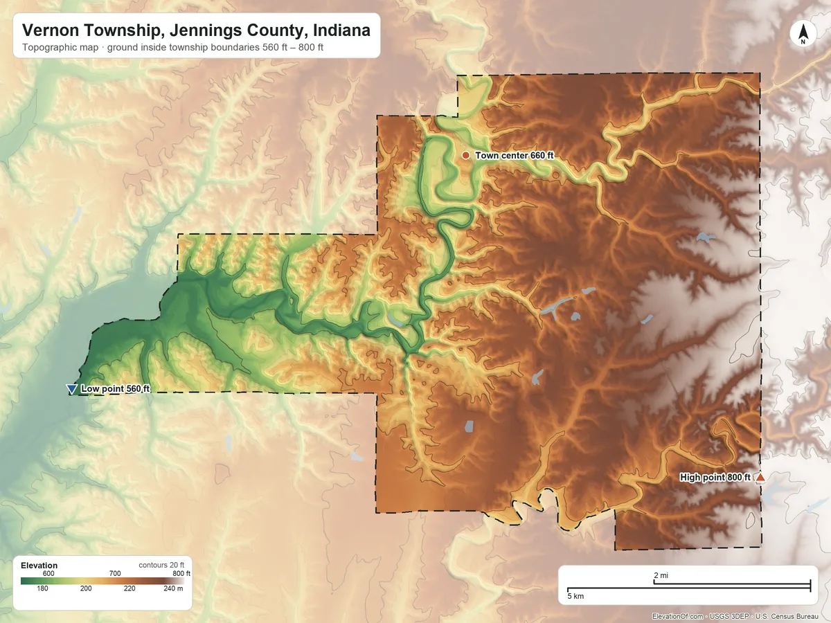 Topographic elevation map of Vernon Township, Jennings County, Indiana, shaded from 560 ft on the southwest side to 800 ft on the southeast side