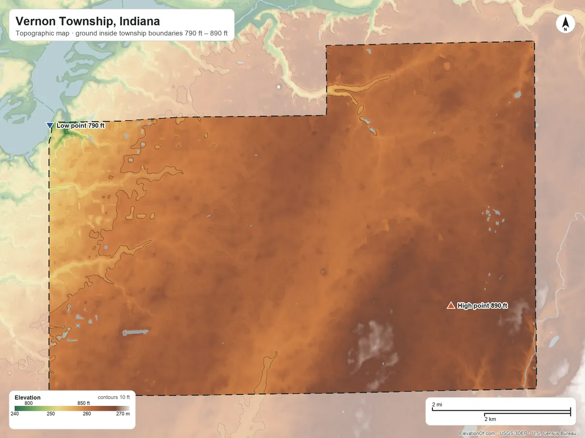 Topographic elevation map of Vernon Township, Indiana, shaded from 790 ft on the west side to 890 ft on the southeast side