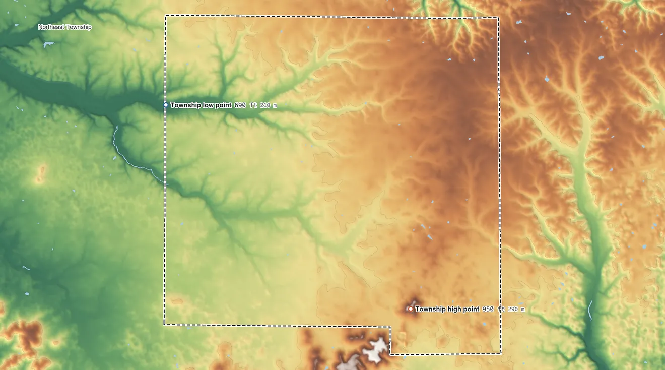 Topographic elevation map of Vernon Township, Washington County, Indiana, shaded from 690 ft on the west side to 950 ft on Smith Hill