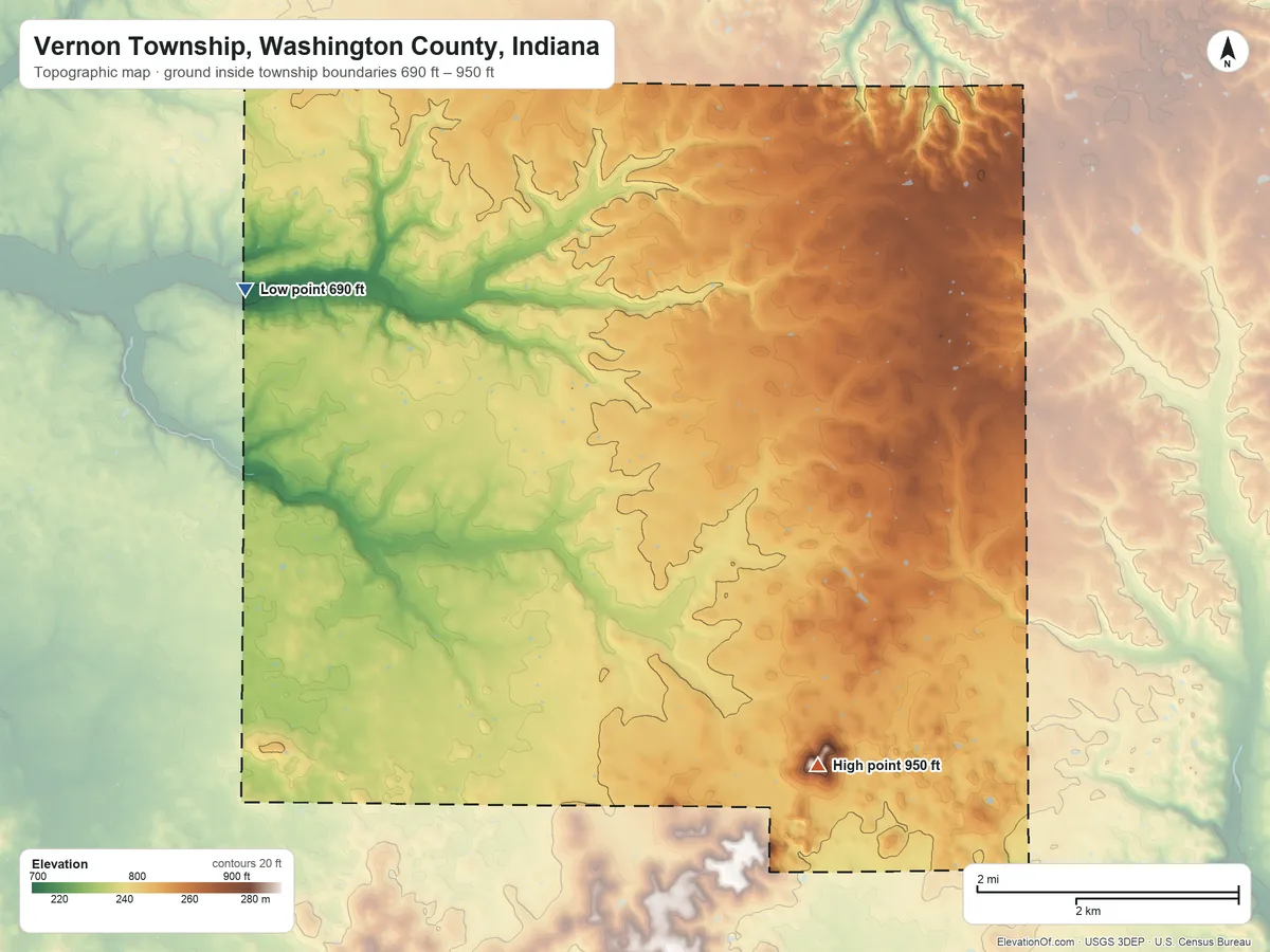 Topographic elevation map of Vernon Township, Washington County, Indiana, shaded from 690 ft on the west side to 950 ft on Smith Hill