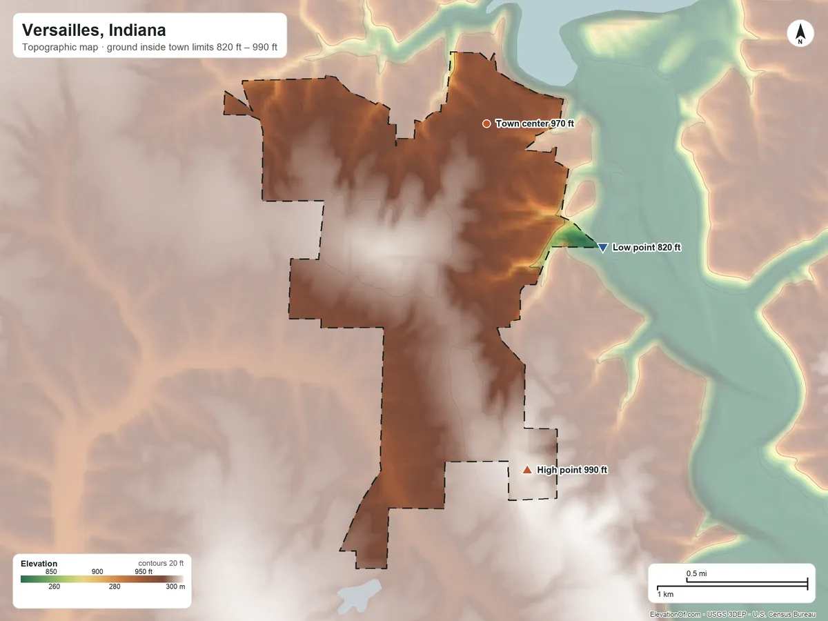 Topographic elevation map of Versailles, Indiana, shaded from 820 ft on the southeast side to 990 ft on the south side