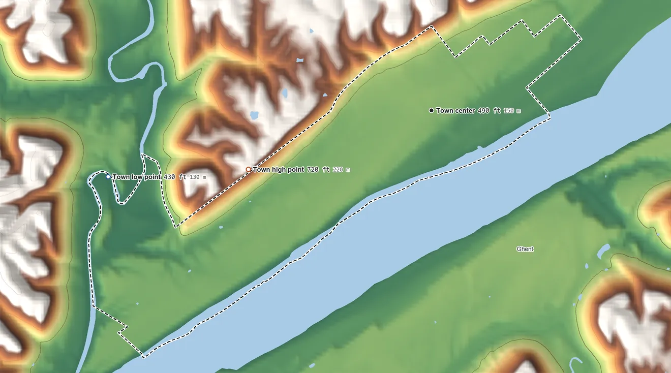 Topographic elevation map of Vevay, Indiana, shaded from 430 ft on the west side to 720 ft on the west side