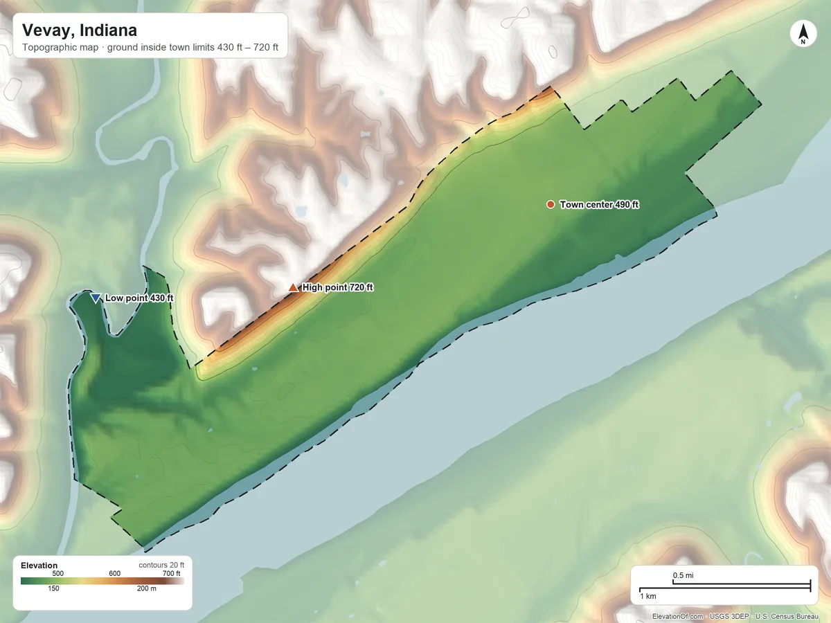 Topographic elevation map of Vevay, Indiana, shaded from 430 ft on the west side to 720 ft on the west side