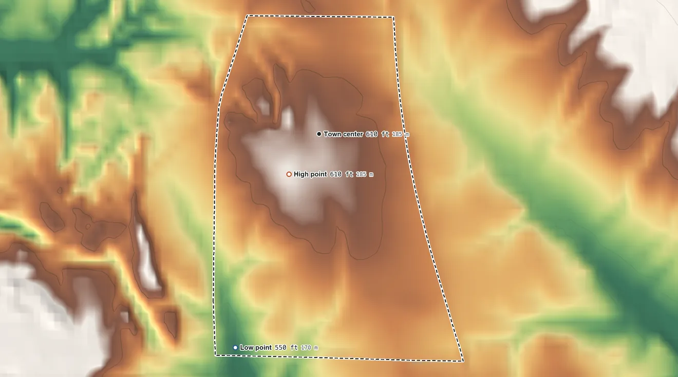 Topographic elevation map of Vicksburg, Indiana, shaded from 550 ft on the south side to 610 ft on the southwest side