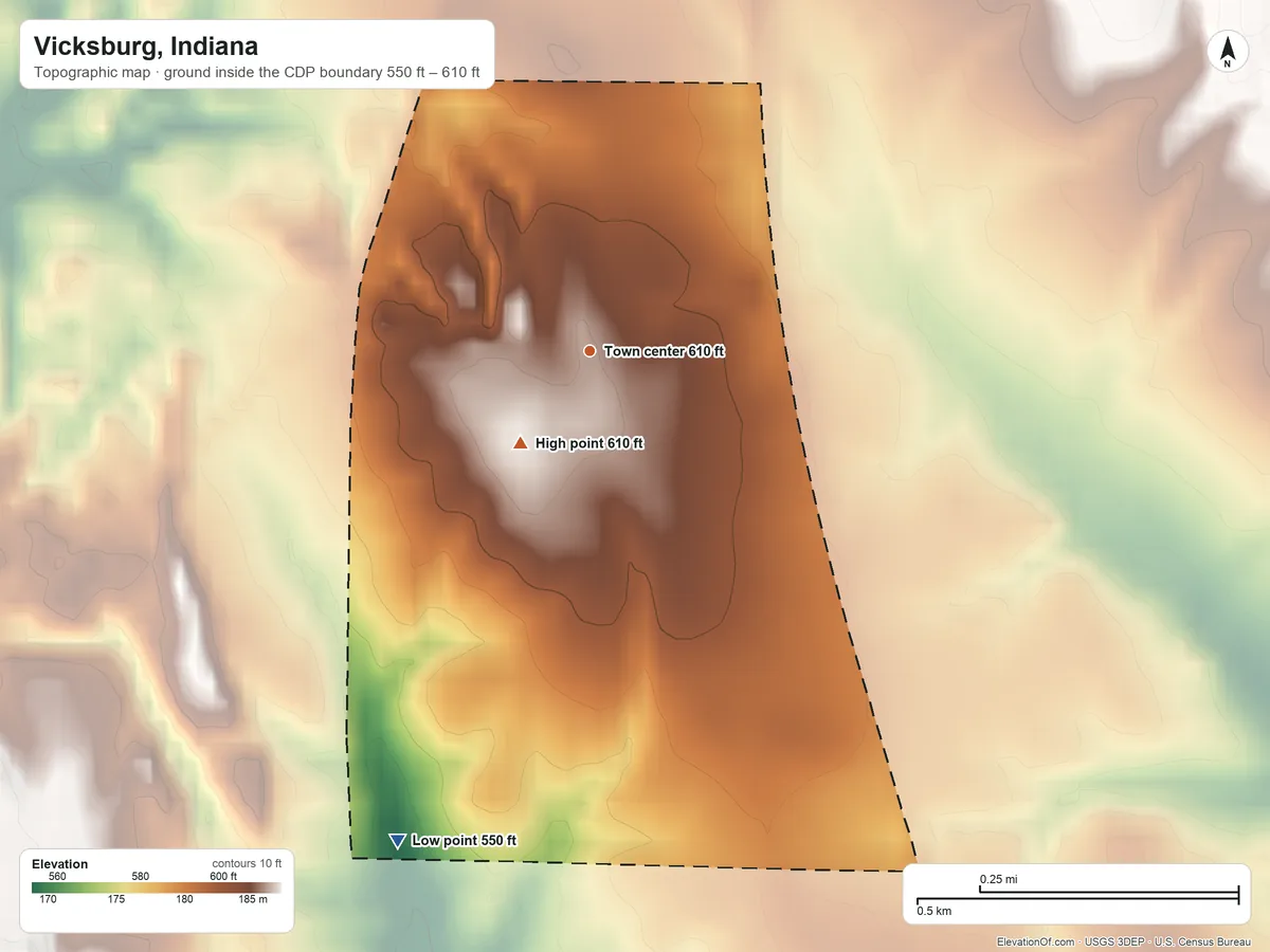 Topographic elevation map of Vicksburg, Indiana, shaded from 550 ft on the south side to 610 ft on the southwest side