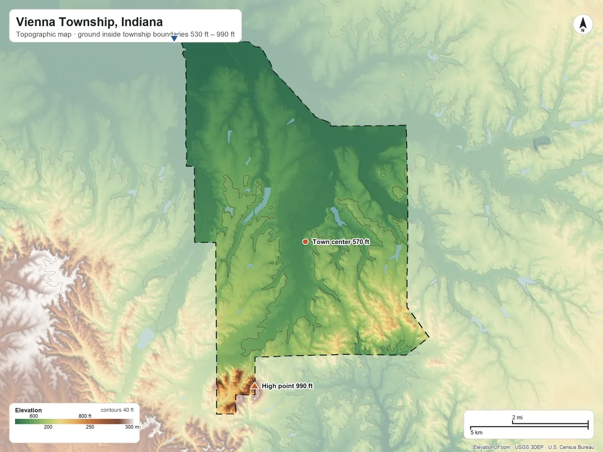 Topographic elevation map of Vienna Township, Indiana, shaded from 530 ft on the northwest side to 990 ft on the south side