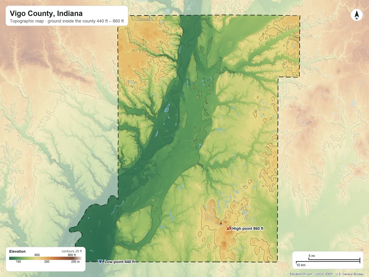 Topographic elevation map of Vigo County, Indiana, shaded from 440 ft on the southwest side to 860 ft on the southeast side