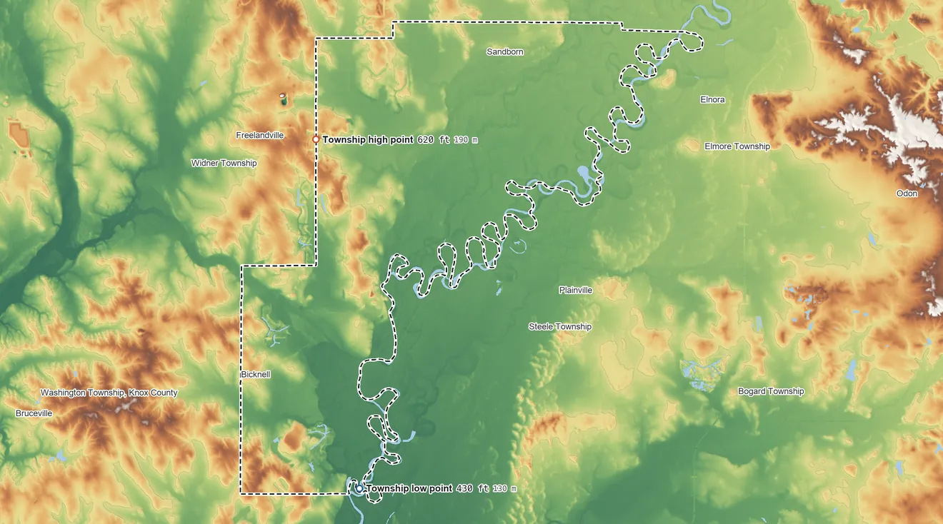 Topographic elevation map of Vigo Township, Indiana, shaded from 430 ft on the south side to 620 ft on the north side
