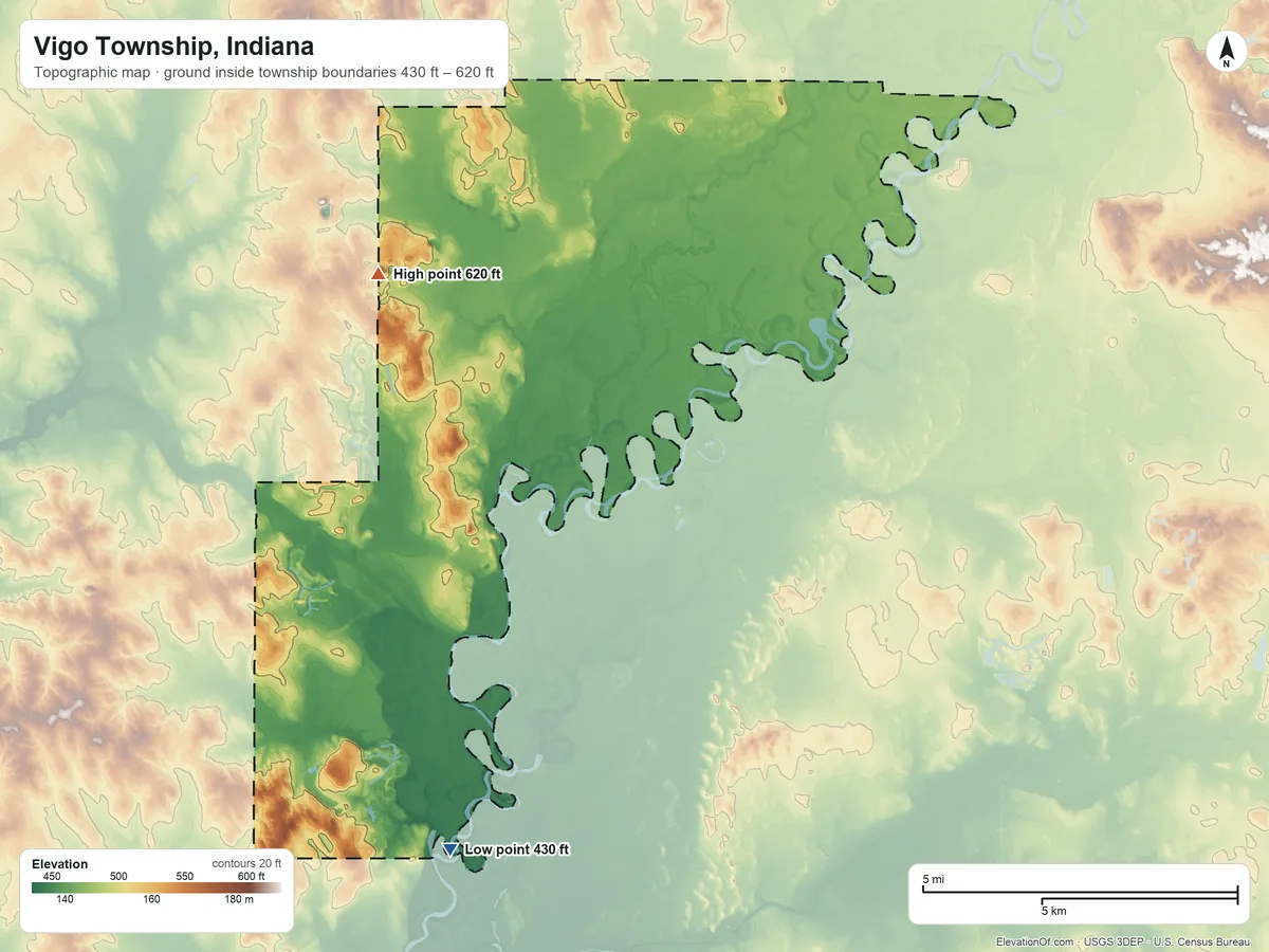 Topographic elevation map of Vigo Township, Indiana, shaded from 430 ft on the south side to 620 ft on the north side