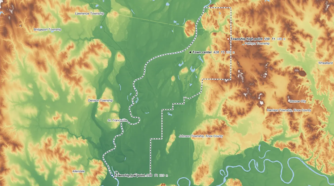 Topographic elevation map of Vincennes Township, Indiana, shaded from 390 ft on the southwest side to 590 ft on the east side