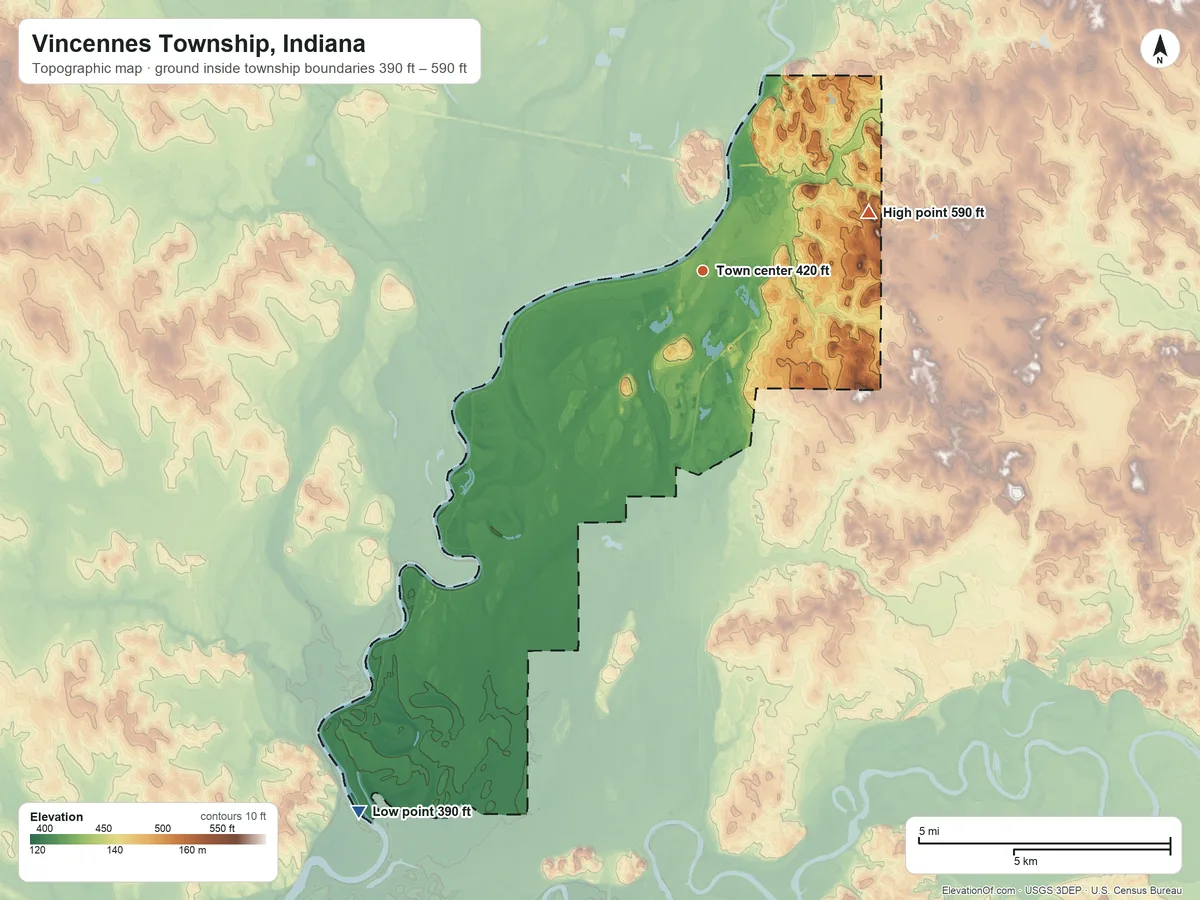 Topographic elevation map of Vincennes Township, Indiana, shaded from 390 ft on the southwest side to 590 ft on the east side