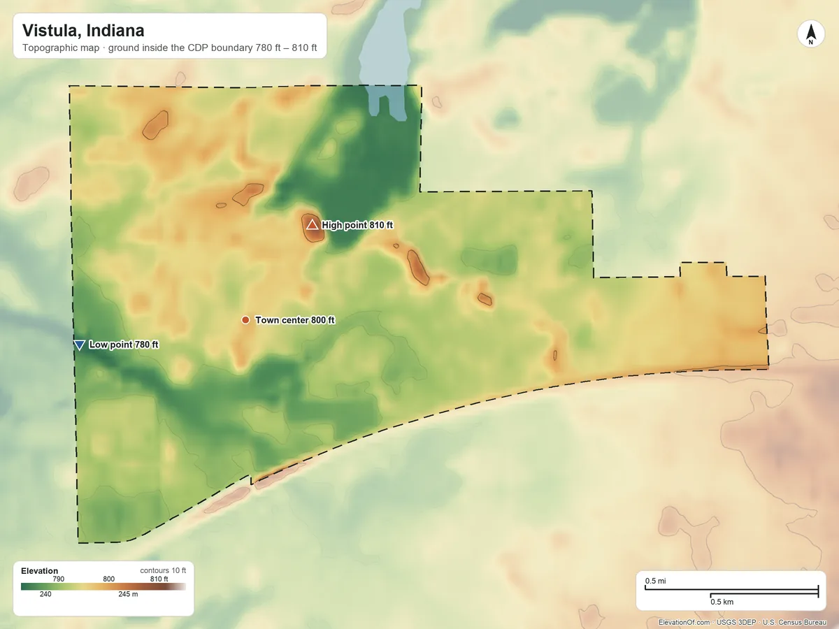 Topographic elevation map of Vistula, Indiana, shaded from 780 ft on the west side to 810 ft on the northeast side