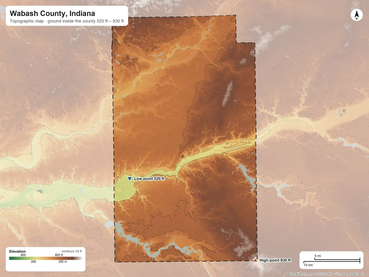 Topographic elevation map of Wabash County, Indiana, shaded from 520 ft on the southwest side to 930 ft on the southeast side