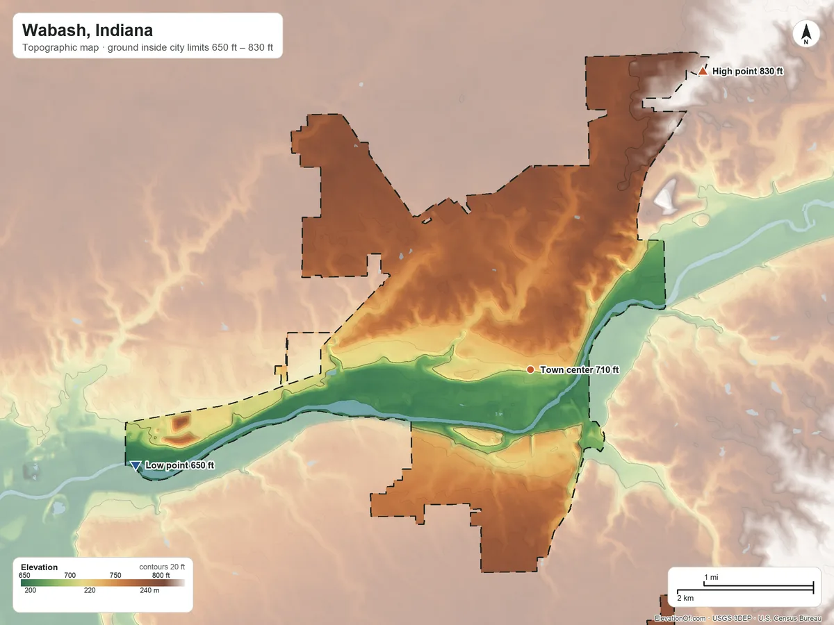 Topographic elevation map of Wabash, Indiana, shaded from 650 ft on the west side to 830 ft on the northeast side