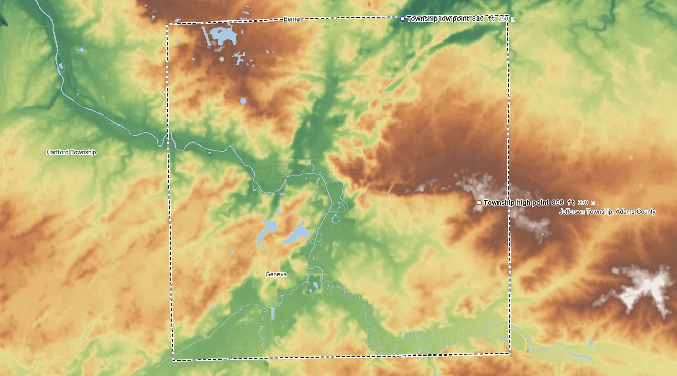 Topographic elevation map of Wabash Township, Adams County, Indiana, shaded from 810 ft on the northeast side to 890 ft on the southeast side