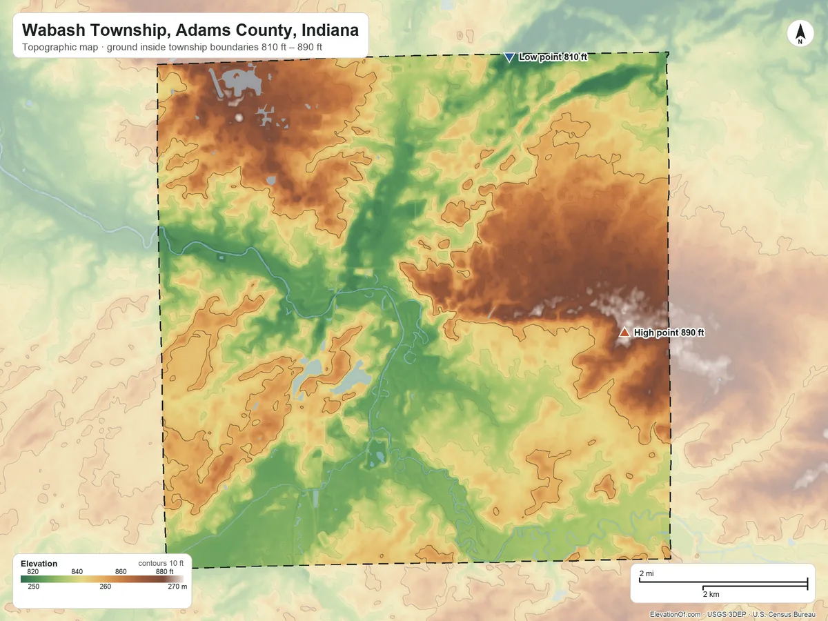 Topographic elevation map of Wabash Township, Adams County, Indiana, shaded from 810 ft on the northeast side to 890 ft on the southeast side