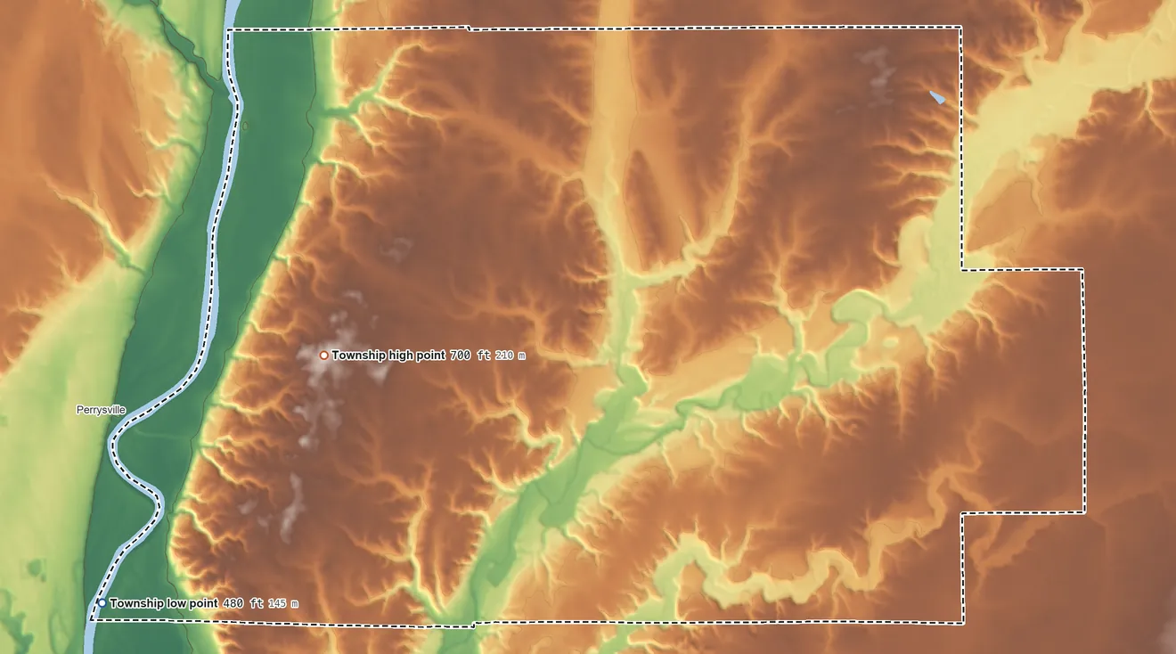 Topographic elevation map of Wabash Township, Fountain County, Indiana, shaded from 480 ft on the west side to 700 ft on the west side