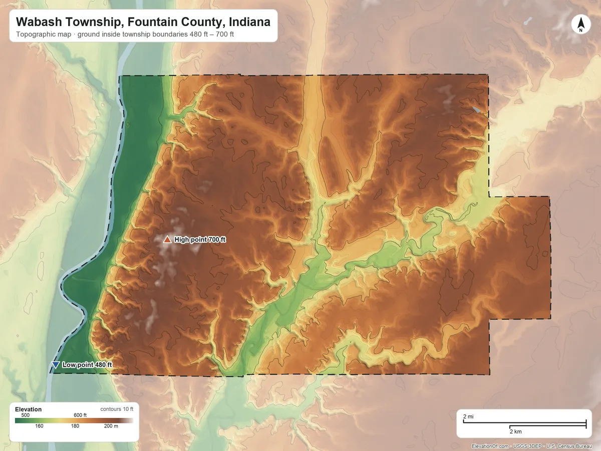 Topographic elevation map of Wabash Township, Fountain County, Indiana, shaded from 480 ft on the west side to 700 ft on the west side