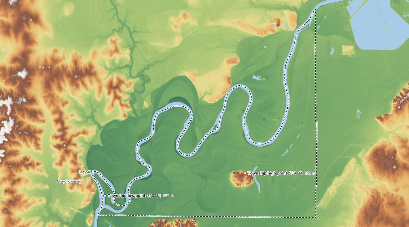 Topographic elevation map of Wabash Township, Gibson County, Indiana, shaded from 360 ft on the west side to 530 ft on the northeast side