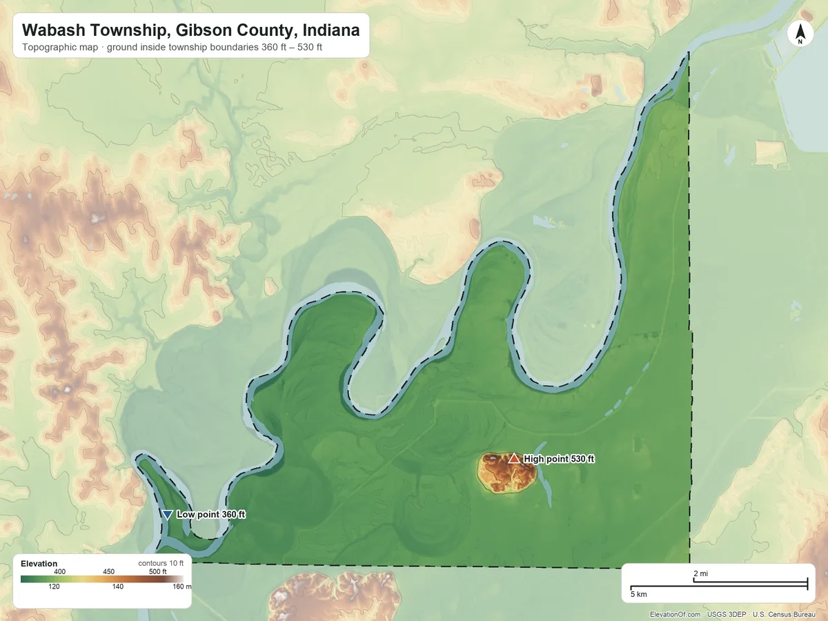 Topographic elevation map of Wabash Township, Gibson County, Indiana, shaded from 360 ft on the west side to 530 ft on the northeast side