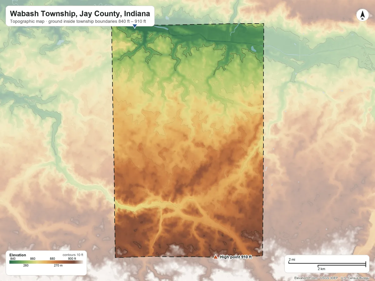 Topographic elevation map of Wabash Township, Jay County, Indiana, shaded from 840 ft on the north side to 910 ft on the south side