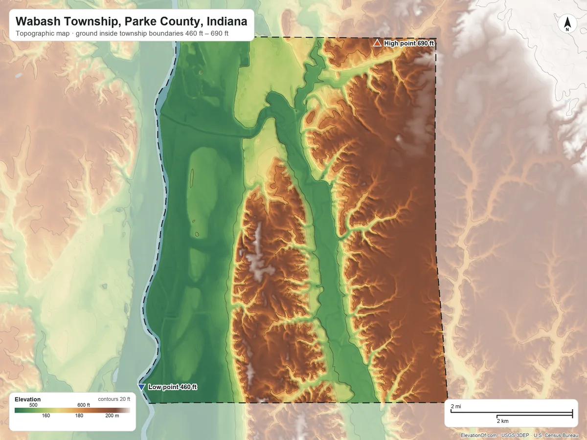 Topographic elevation map of Wabash Township, Parke County, Indiana, shaded from 460 ft on the southwest side to 690 ft on the north side