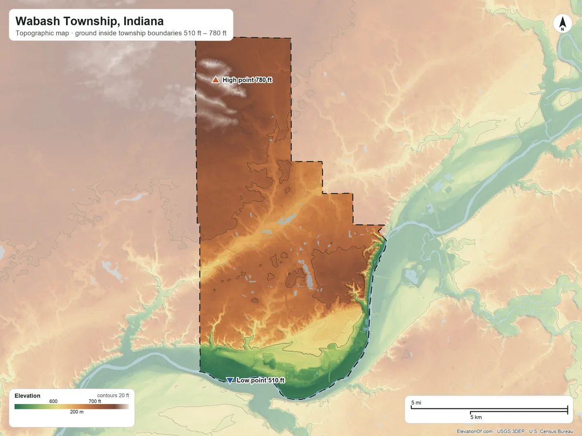 Topographic elevation map of Wabash Township, Indiana, shaded from 510 ft on the southwest side to 780 ft on the northwest side