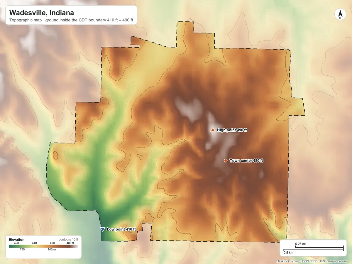 Topographic elevation map of Wadesville, Indiana, shaded from 410 ft on the southwest side to 490 ft near the middle