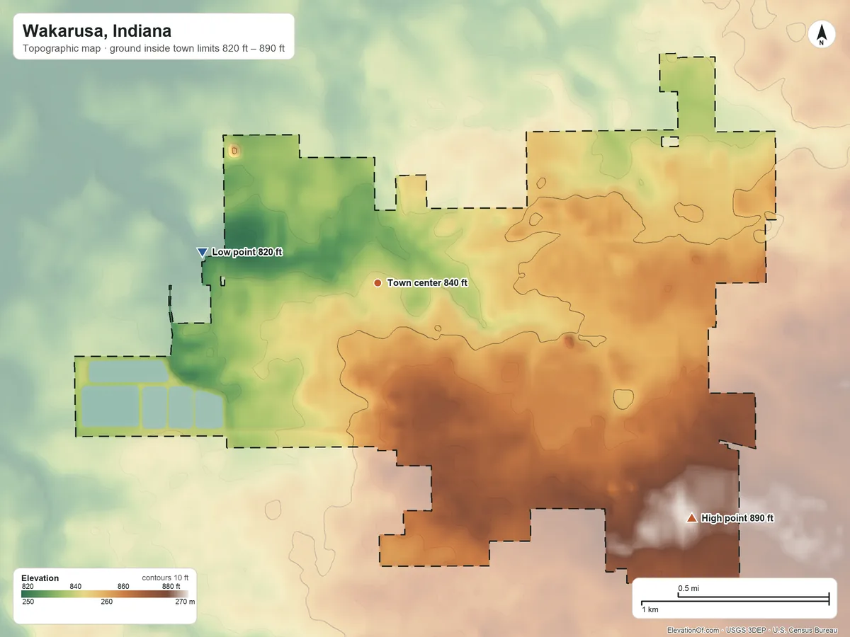 Topographic elevation map of Wakarusa, Indiana, shaded from 820 ft on the west side to 890 ft on the southeast side
