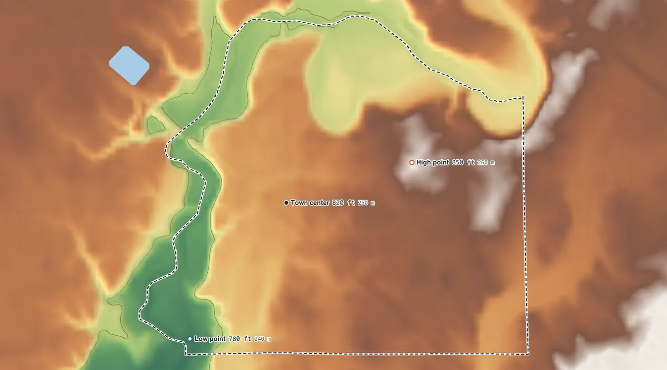 Topographic elevation map of Waldron, Indiana, shaded from 780 ft on the southwest side to 850 ft on the east side