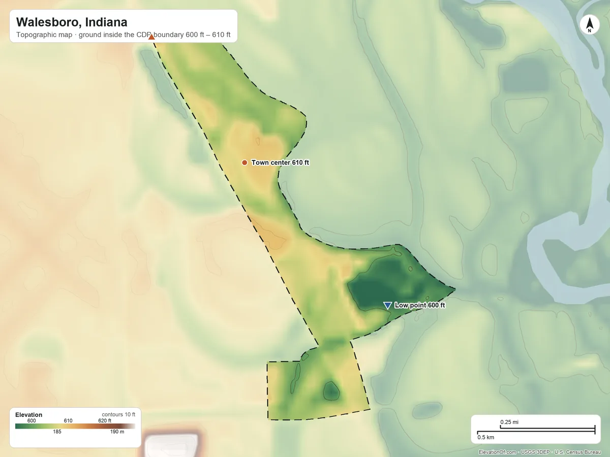 Topographic elevation map of Walesboro, Indiana, shaded from 600 ft on the southeast side to 610 ft on the northwest side