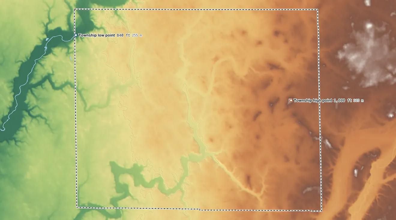Topographic elevation map of Walker Township, Rush County, Indiana, shaded from 840 ft on the northwest side to 1,000 ft on the east side
