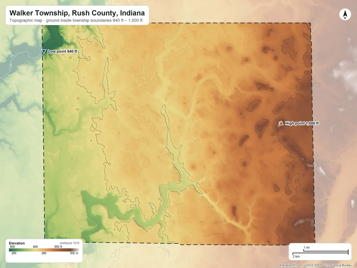 Topographic elevation map of Walker Township, Rush County, Indiana, shaded from 840 ft on the northwest side to 1,000 ft on the east side