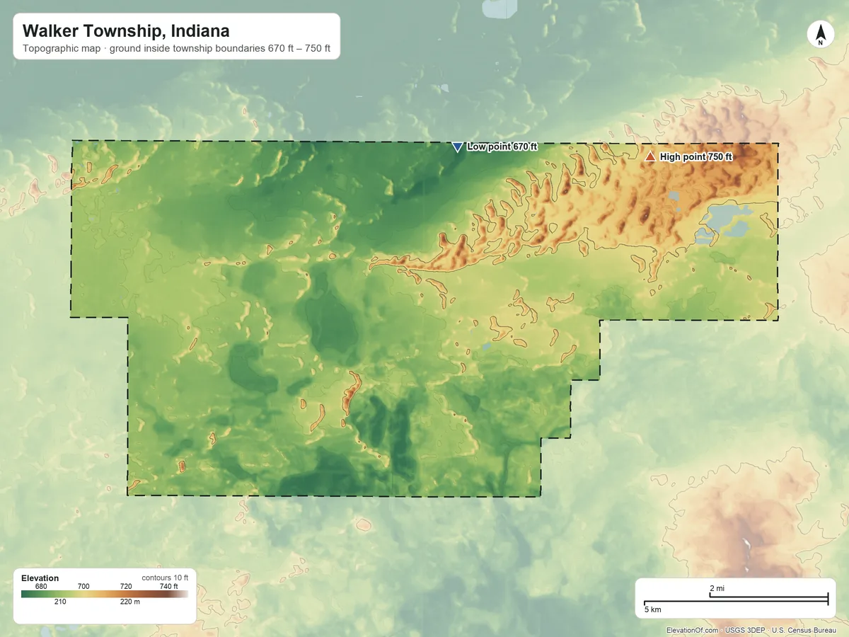 Topographic elevation map of Walker Township, Indiana, shaded from 670 ft on the northeast side to 750 ft on the east side