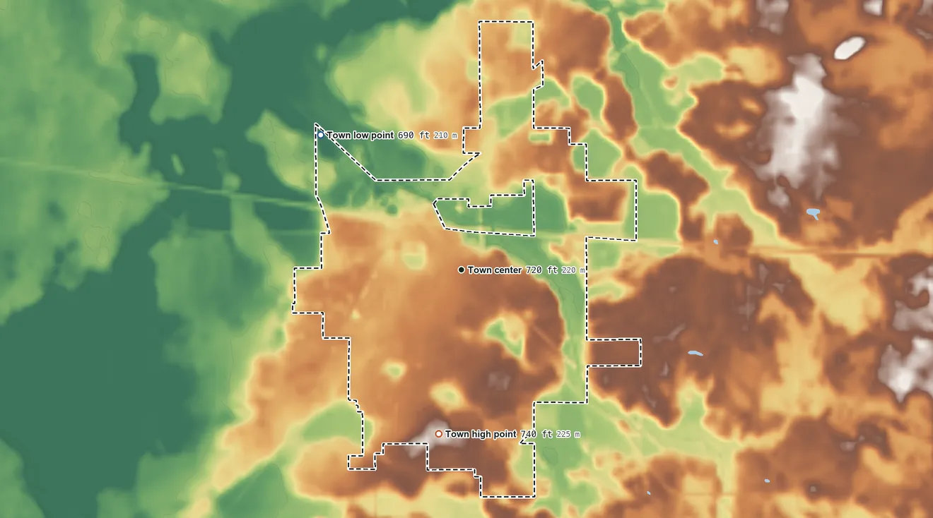 Topographic elevation map of Walkerton, Indiana, shaded from 690 ft on the northwest side to 740 ft on the south side