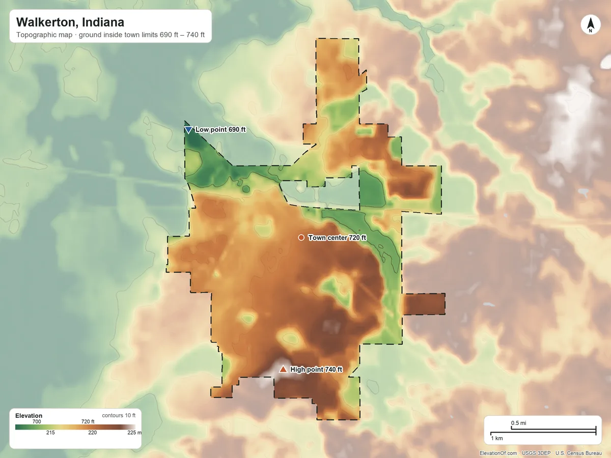 Topographic elevation map of Walkerton, Indiana, shaded from 690 ft on the northwest side to 740 ft on the south side