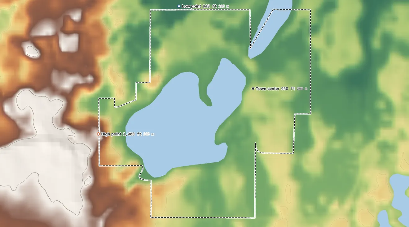 Topographic elevation map of Wall Lake, Indiana, shaded from 940 ft on the northwest side to 1,000 ft on the west side
