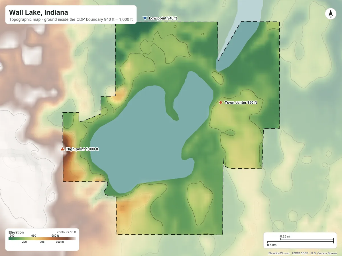 Topographic elevation map of Wall Lake, Indiana, shaded from 940 ft on the northwest side to 1,000 ft on the west side