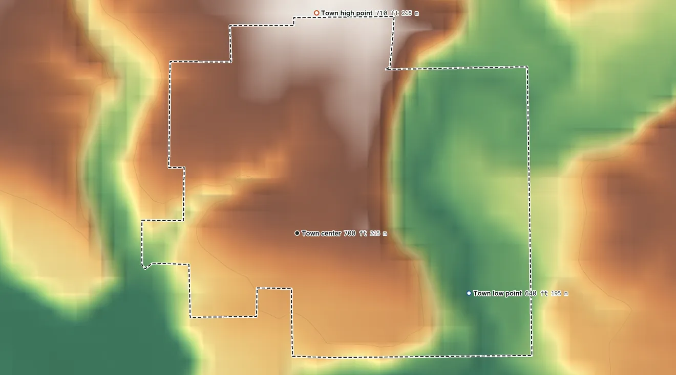 Topographic elevation map of Wallace, Indiana, shaded from 640 ft on the east side to 710 ft on the north side