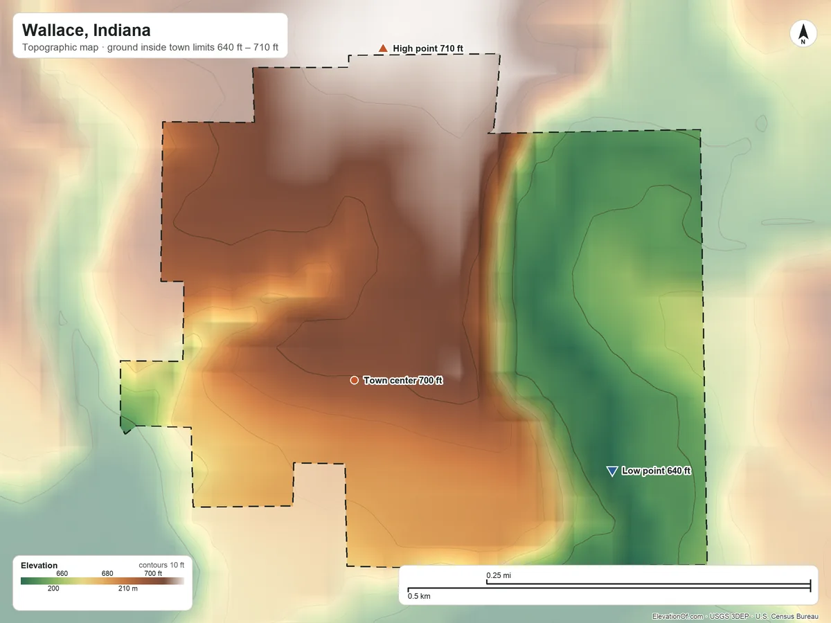 Topographic elevation map of Wallace, Indiana, shaded from 640 ft on the east side to 710 ft on the north side