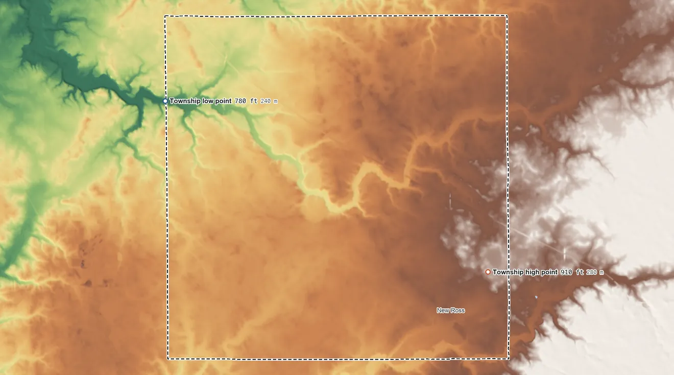 Topographic elevation map of Walnut Township, Montgomery County, Indiana, shaded from 780 ft on the northwest side to 910 ft on the east side