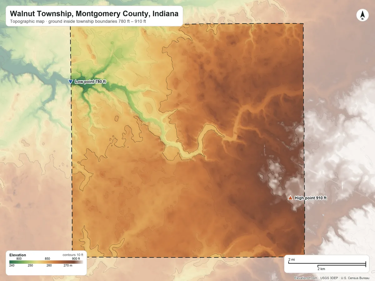 Topographic elevation map of Walnut Township, Montgomery County, Indiana, shaded from 780 ft on the northwest side to 910 ft on the east side