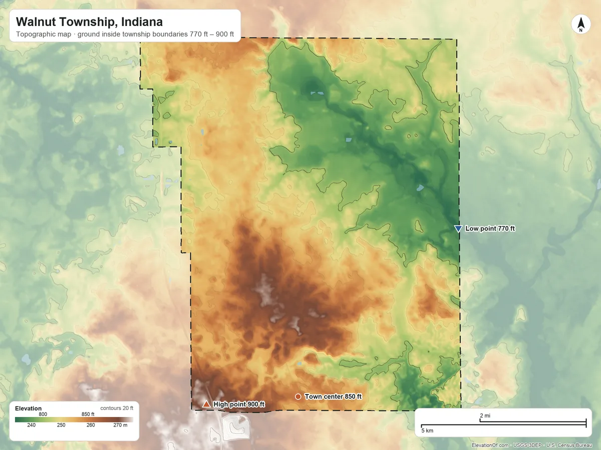 Topographic elevation map of Walnut Township, Indiana, shaded from 770 ft on the northeast side to 900 ft on the west side