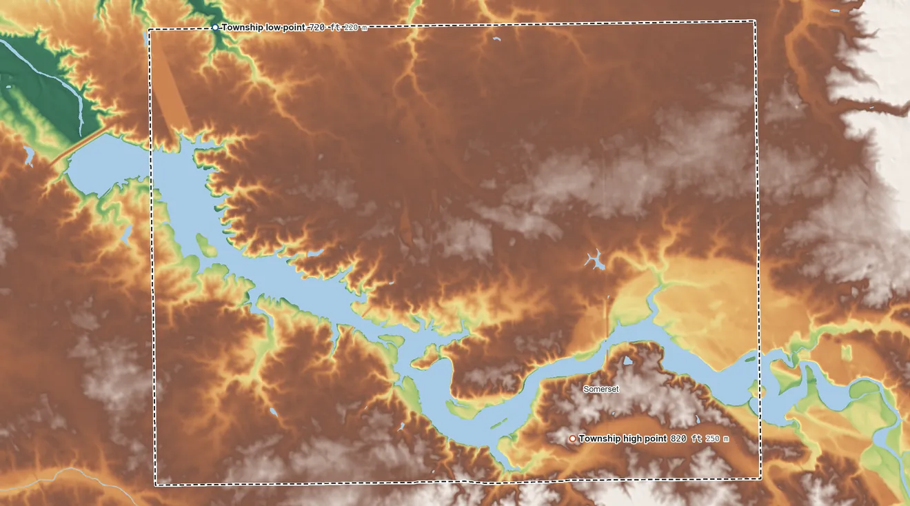 Topographic elevation map of Waltz Township, Indiana, shaded from 720 ft on the northwest side to 820 ft on the southeast side