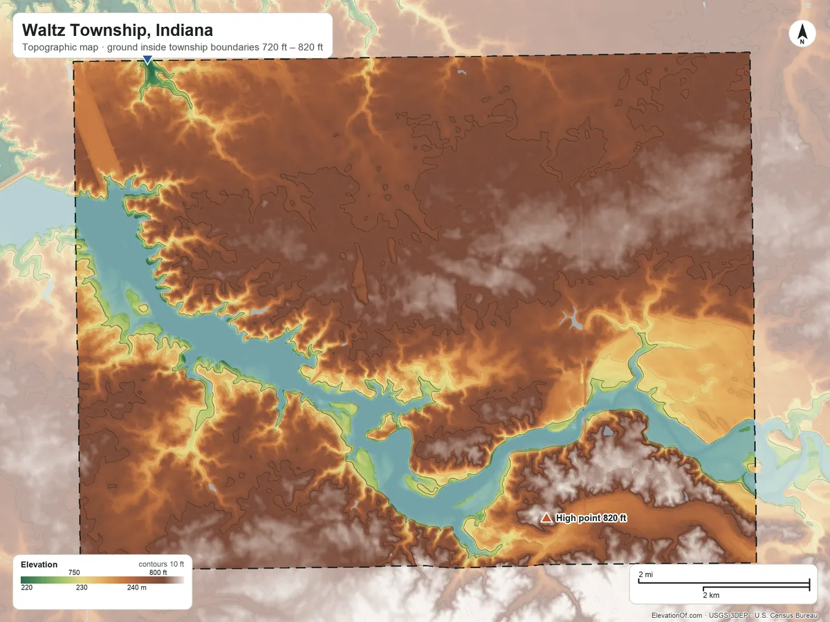 Topographic elevation map of Waltz Township, Indiana, shaded from 720 ft on the northwest side to 820 ft on the southeast side