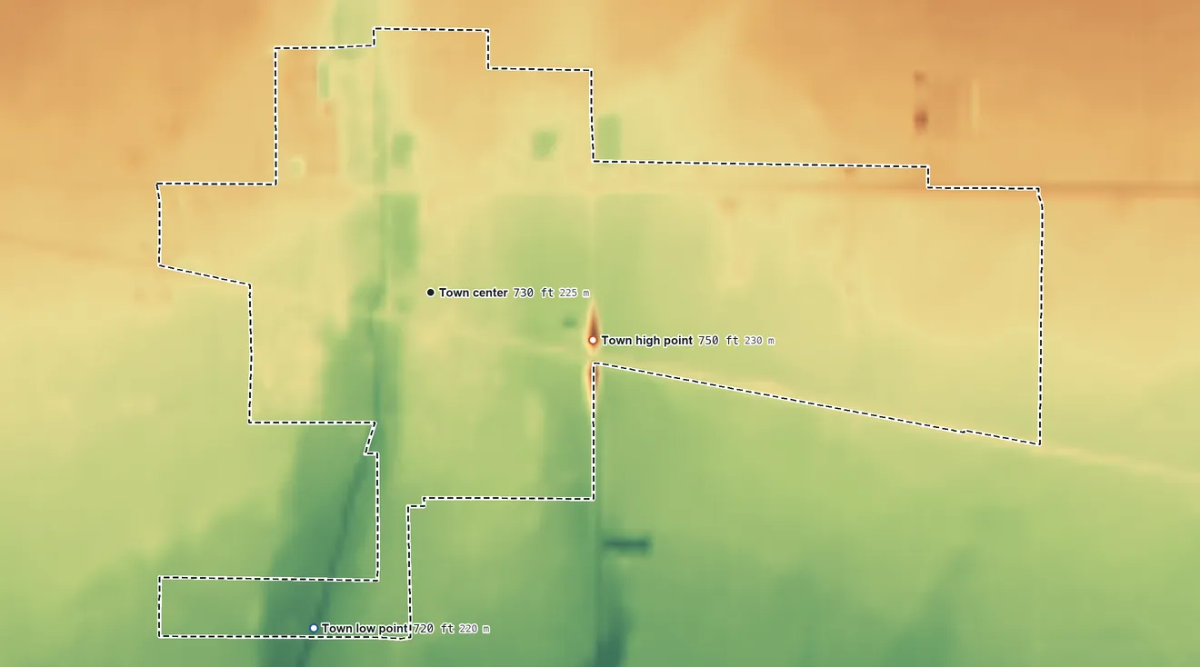 Topographic elevation map of Wanatah, Indiana, shaded from 720 ft on the south side to 750 ft on the east side