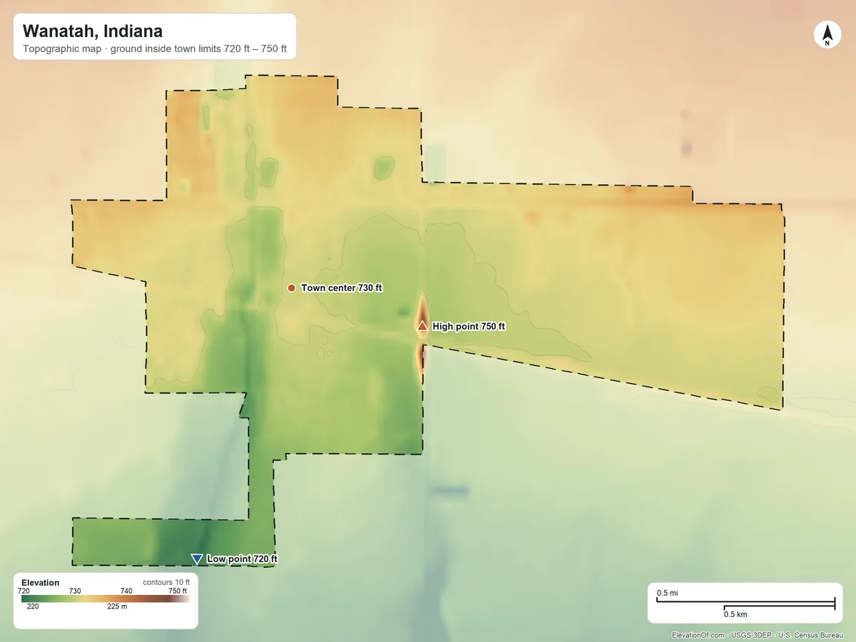 Topographic elevation map of Wanatah, Indiana, shaded from 720 ft on the south side to 750 ft on the east side