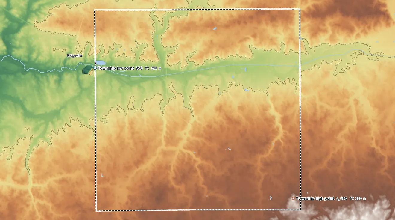 Topographic elevation map of Ward Township, Indiana, shaded from 950 ft on the northwest side to 1,090 ft on the southeast side
