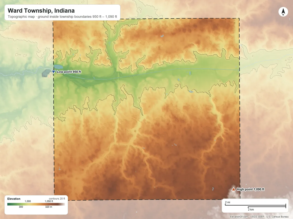 Topographic elevation map of Ward Township, Indiana, shaded from 950 ft on the northwest side to 1,090 ft on the southeast side